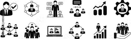  business and management icons representing teamwork, leadership, growth, communication, and corporate structure for professional presentations and training materials