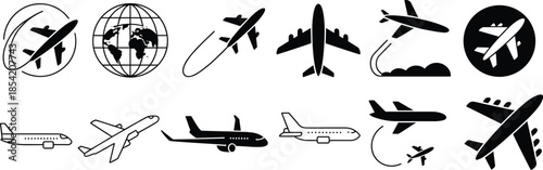 Airplane and aviation icon set featuring global air travel, commercial aircraft, flight paths and transport symbols in black silhouette and outline style design