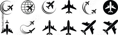  airplane icons in various orientations and styles, ideal for aviation graphics, travel branding, and flight-related design projects