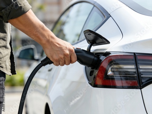 A man is plugging in a Tesla car