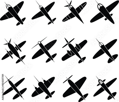 silhouette icons of World War II fighter aircraft, top-down view for historical aviation, modeling, and military design projects