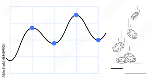 Business strategy, investment analytics, market trends, profit analysis, financial growth, forecasting. Line graph with plotted points alongside falling coins. Business strategy and investment