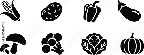 Black and white vegetable icons set featuring fresh farm produce including corn, potato, peppers, mushrooms, broccoli, cauliflower and pumpkin in flat silhouette style isolated on white background