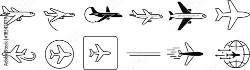 Airplane icon set in black silhouette featuring travel, motion, and global flight symbols for aviation, transportation, and international design themes.