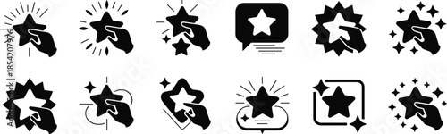 Hand and star icon set in black and white featuring rating, selection, and feedback gestures for UI, app, and web design.