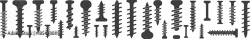 Screw silhouette icon set featuring diverse head styles, threading patterns, and lengths for construction, carpentry, and mechanical design use.