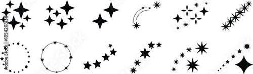 Star and sparkle icon set featuring magical bursts, decorative trails, and celestial clusters for celebration, fantasy, and digital design themes.