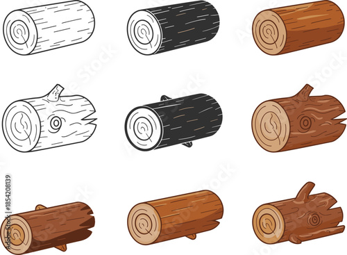 Wood log illustration set featuring tree trunks, cut timber, and firewood pieces in hand drawn flat and colored styles isolated on white background