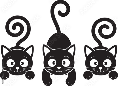 Three cute kittens peeking heads only playful feline faces set domestic cat silhouettes