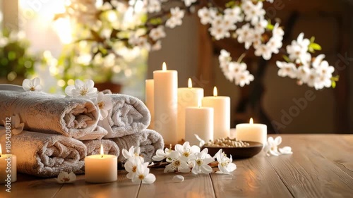 A serene spa arrangement featuring rolled towels, lit candles, and delicate white blossoms for relaxation.