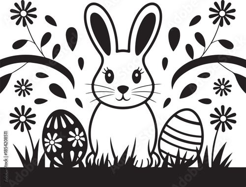 Easter bunny silhouette with decorative eggs and floral elements in paper cut style