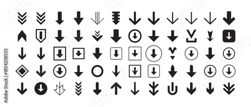 Big collection of various black down arrow icons for download interface elements and navigation controls