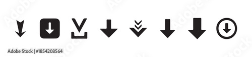 Set of eight isolated black download arrow icons showing various styles for user interface elements