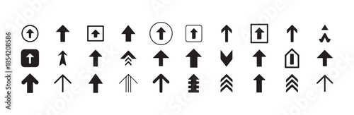 Collection of various black and white upward direction indicators and navigation symbols on white background