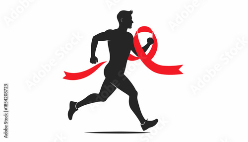 Silhouette of a man running with a red ribbon, symbolizing AIDS awareness and support.