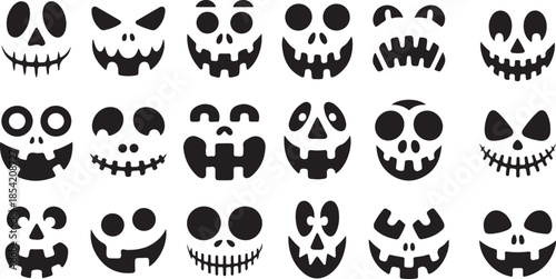 Set of scary halloween pumpkin faces on transparent background. spooky jack o lantern