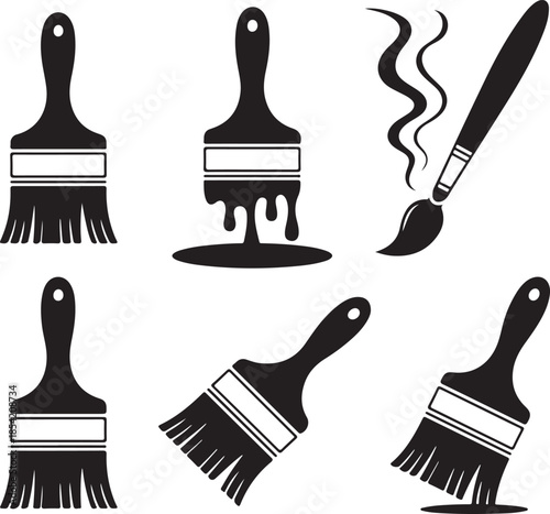 Set of black brush silhouettes. various painting tools isolated on transparent background
