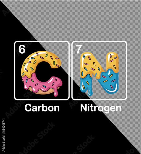  The playful illustration showcases the elements of Carbon and Nitrogen, cleverly represented as delectable donuts in a whimsical and educational graphic.