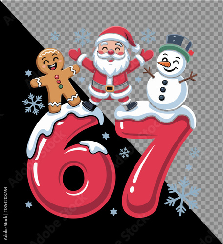  Christmas joy erupts with Santa Claus, Snowman and Gingerbread Man, perched atop the numbers, showcasing Christmas cheer and celebration. 