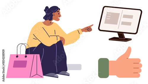 Woman sitting with shopping bag, pointing to a monitor displaying reviews, and thumbs-up icon. Ideal for online shopping, e-commerce, feedback, satisfaction, consumer behavior, decision-making