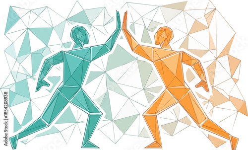 Two stylized figures celebrate success with a high five against polygons