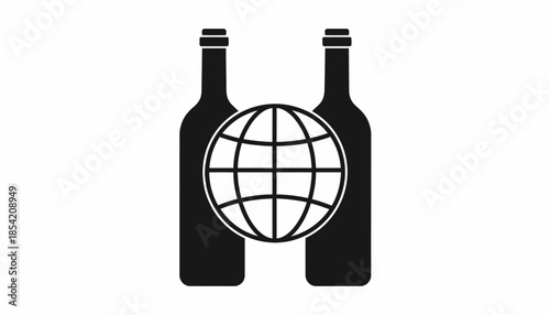 Conceptual illustration of two wine bottles with a globe in the center.