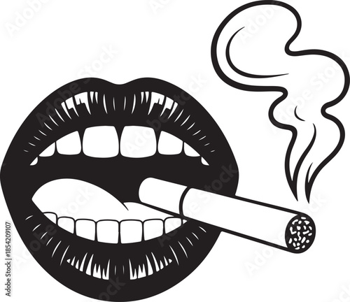 Pop art vintage lips smoking cigarette with smoke open mouth teeth illustration