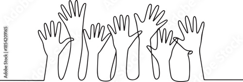 Continuous line drawing of hands raised in air