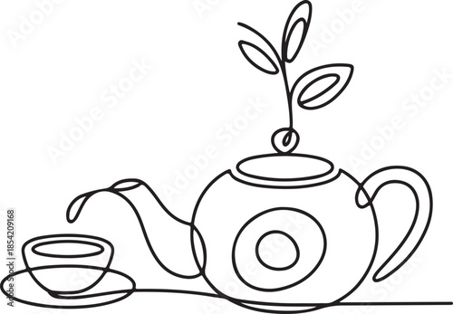 One line drawing teapot pouring tea into cup