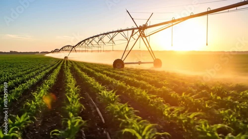A panoramic view of a farm field with an irrigation system under a warm, glowing sun.