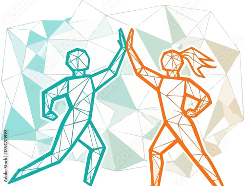 Two stylized figures celebrate success with a high five against abstract shapes
