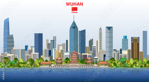 Wuhan absract city skyline on a beautiful gradient day sky background. Vector illustration
