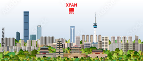 Xi'an absract city skyline on a beautiful gradient day sky background. Vector illustration
