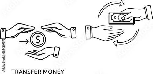 Simple line art icons illustrating digital money transfer and cash exchange concepts