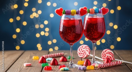 Two festive red drinks adorned with candy and sweet treats on wooden surface white background