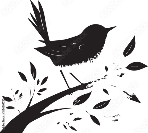 Nature bird silhouette icon set perched branch black vector on white background