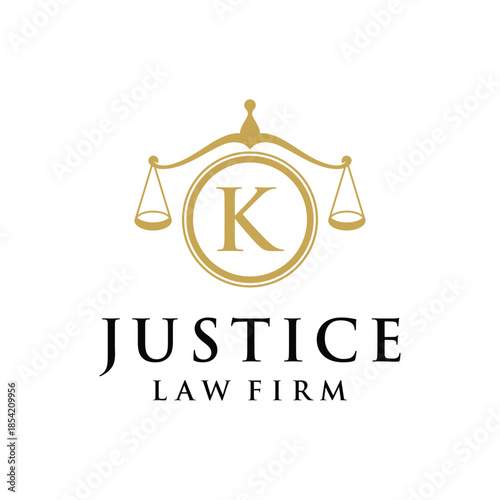 Initial letter K justice law firm logo design, attorney scale of justice legal graphic icon vector template