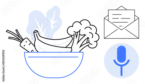 Nutrition, digital communication, healthy habits, online services, food delivery, content creation. A bowl of fruits and vegetables, an envelope and a microphone icon. Nutrition and digital