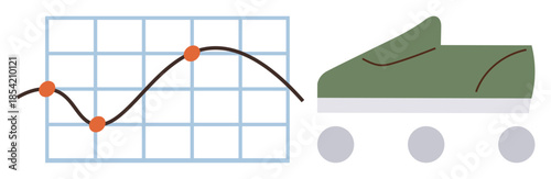 Green roller skate next to a fluctuating line graph with data points conveys progress, mobility, and trends. Ideal for innovation, analytics, sports, efficiency, growth, strategy simple flat