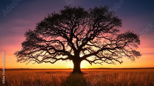 A majestic silhouette of a large tree stands against a vibrant sunset over a golden field.
