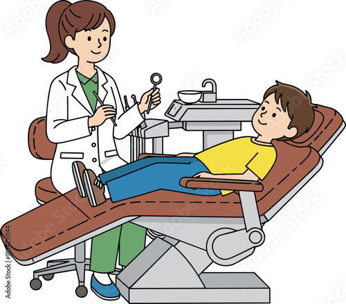 Cartoon dentist examining child in dental chair, healthcare scene, oral hygiene check-up, pediatric care concept - flat vector illustration