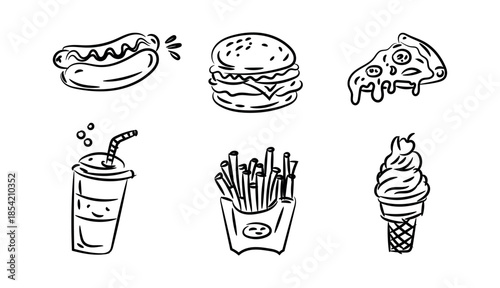 Set of fast food and snack doodles in hand drawn ink style featuring burger pizza hot dog and ice cream