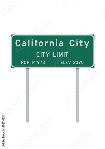 Vector illustration of the California City (California) entering green road sign on metallic posts