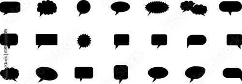Black speech bubble collection. Speech empty balloon. Bubble sticker, conversation sketch balloons and comic text elements vector isolated set.