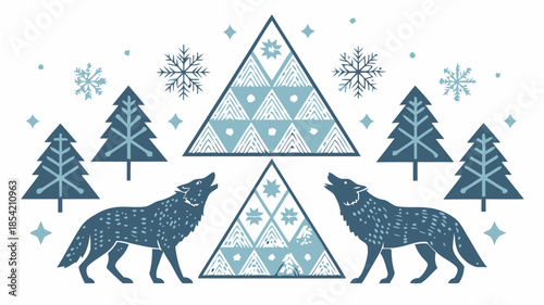 Wolves howling at snowflakes and trees in winter wonderland scene