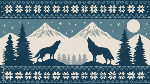 Wolves howling at moon in snowy mountain landscape with trees