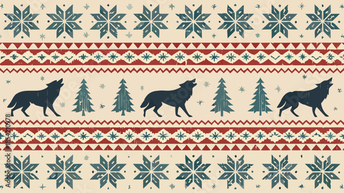 Winter wonderland scene with wolves and trees in snow