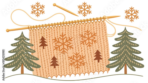 Cozy winter knitting scene with snowflakes and pine trees