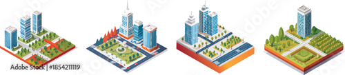 Isometric cityscapes with green spaces and skyscrapers