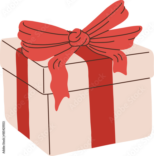 Cartoon Christmas gift box with red bow vector illustration. New year holiday present icon. Valentines day clipart